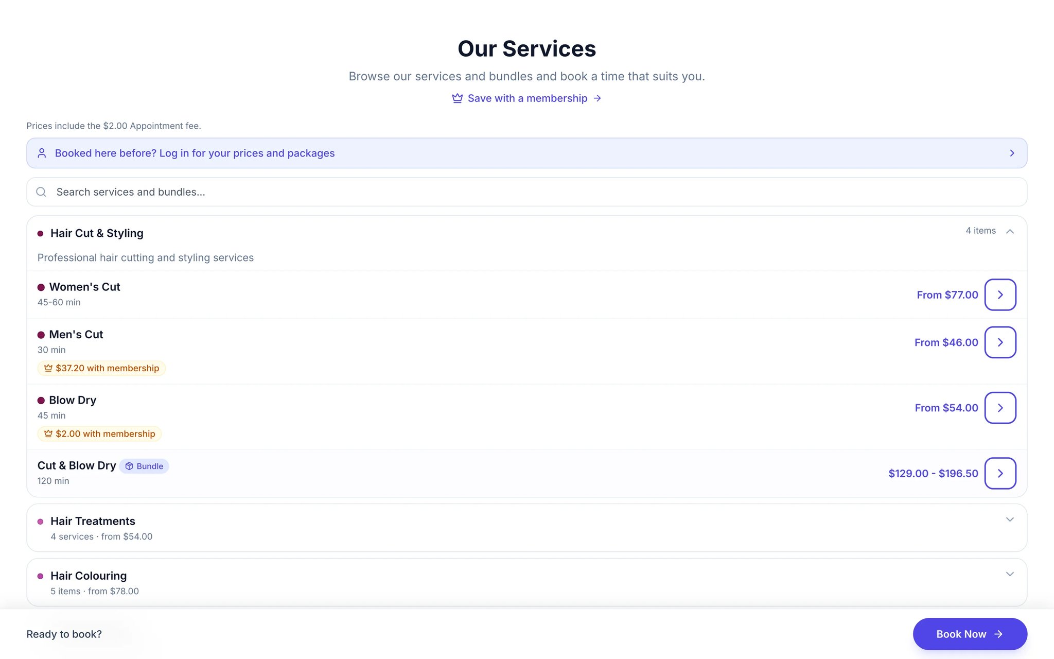Bella Booking online booking page for clients