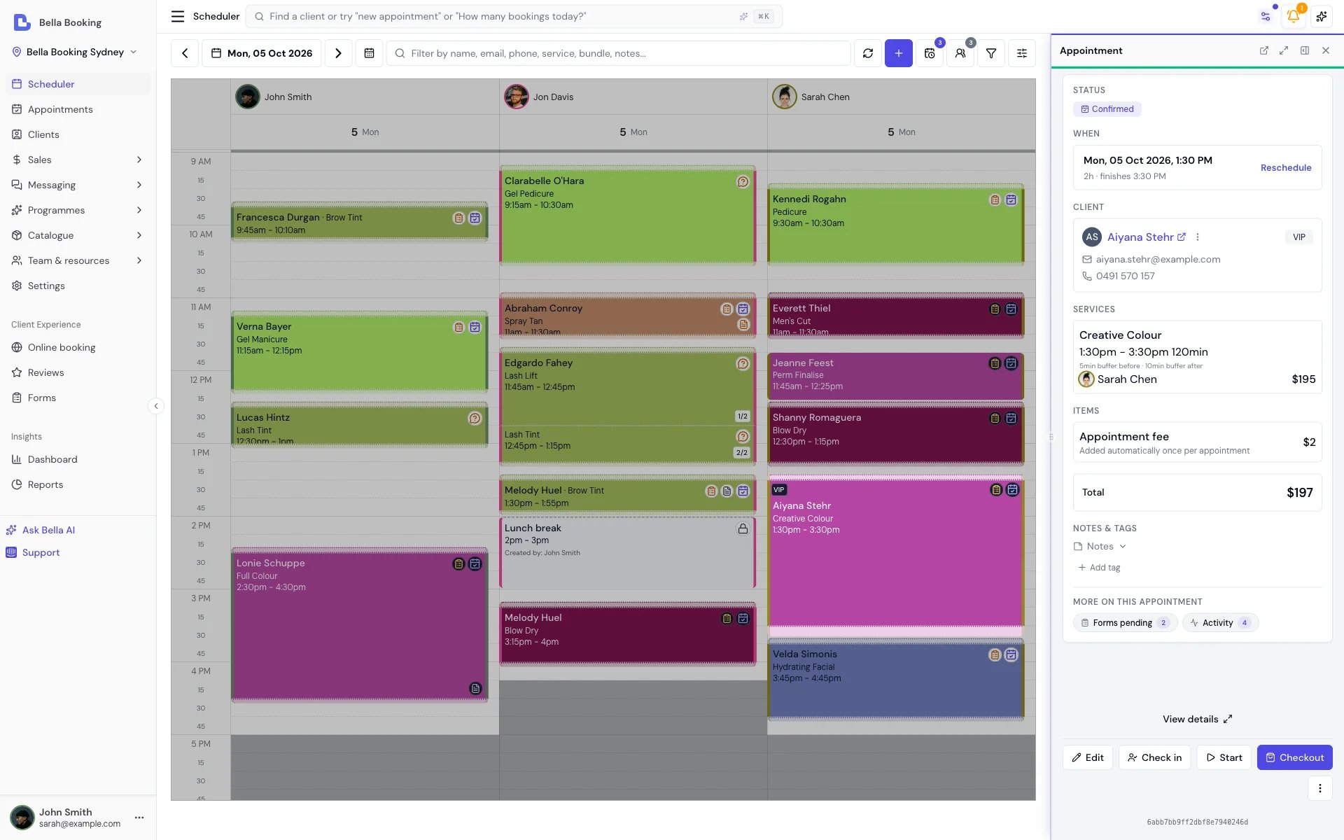 Bella Booking scheduler showing appointment details