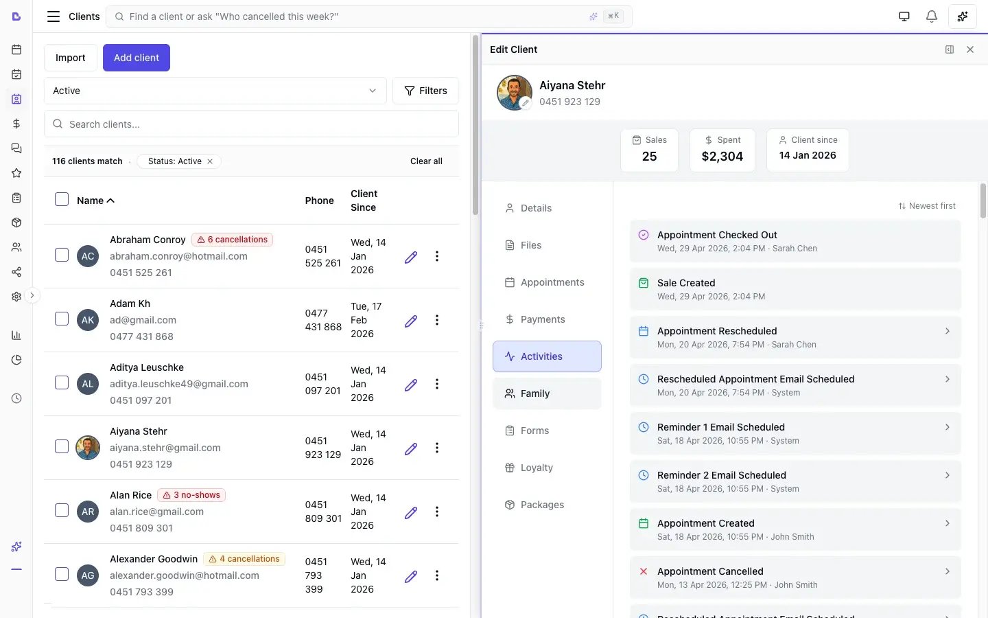 Bella Booking client profile showing the activity history audit trail - every booking, reschedule, cancellation, and email logged with timestamps