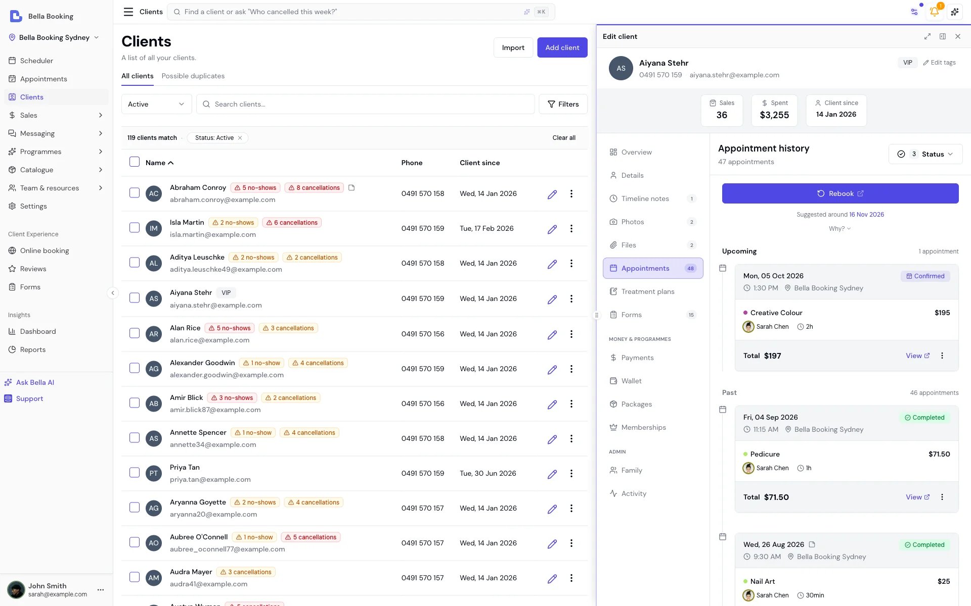 Bella Booking client appointment history - every past visit with services, team member, spend, and outcome