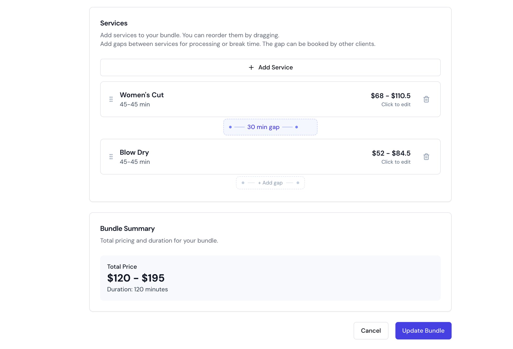 Bella Booking bundle editor - combining services into a package with flexible pricing and savings shown to clients