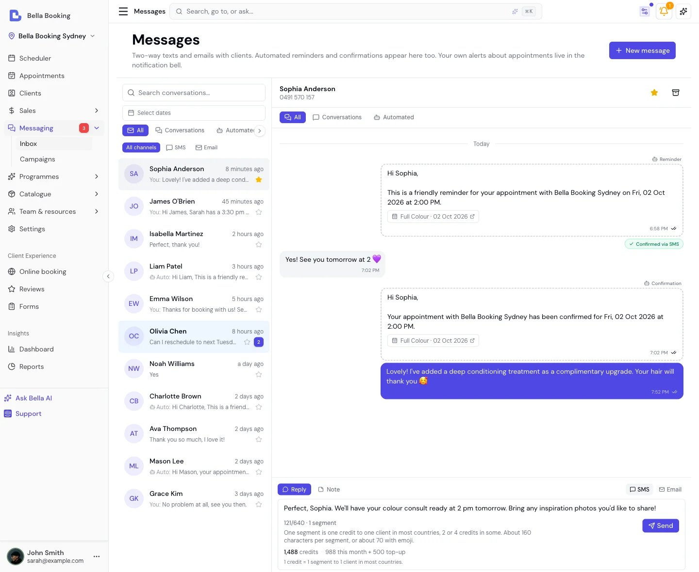 Bella Booking two-way SMS inbox - threaded conversations with clients alongside automated reminders and confirmations