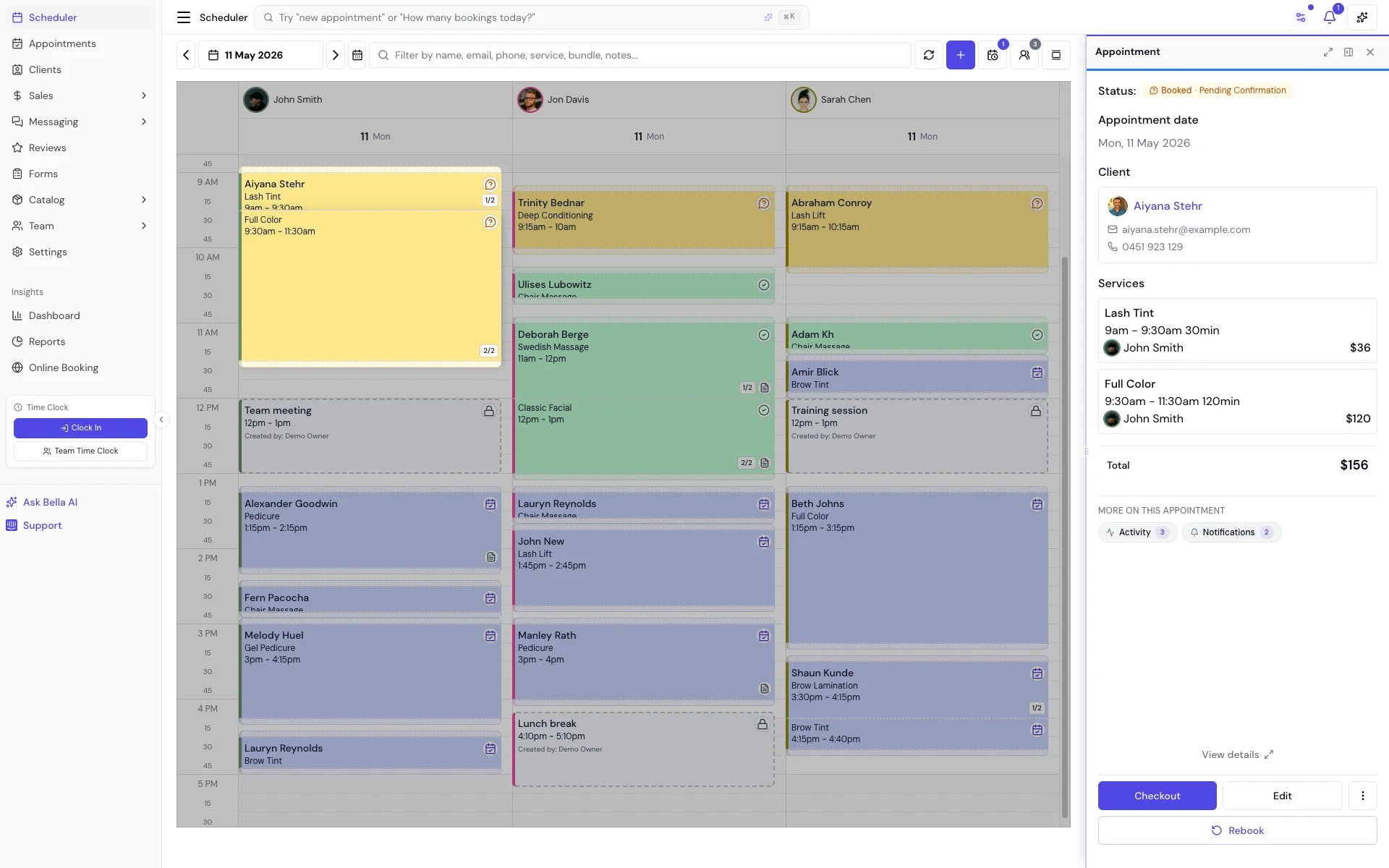 Bella Booking scheduler showing appointment details