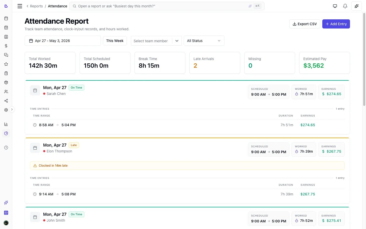 Bella Booking attendance tracking — PIN-based clock-in/out with hours worked, late arrivals, and timesheet export