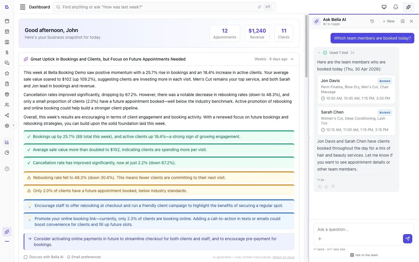 Bella AI assistant answering natural-language questions about your business — top clients, busiest days, slowest services — and surfacing the weekly business digest