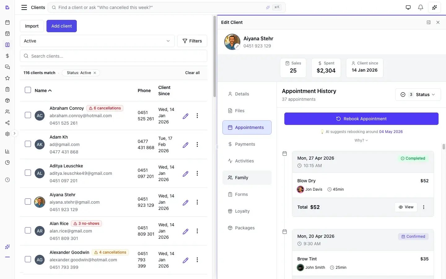 Bella Booking client appointment history — every past visit with services, team member, spend, and outcome