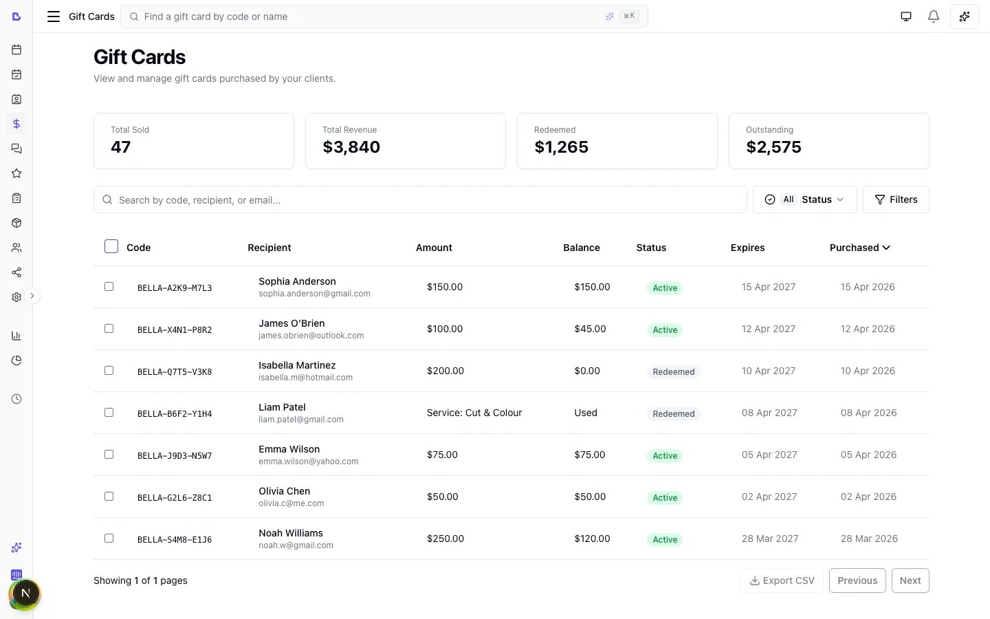 Bella Booking gift cards — sell, redeem, and track gift card balances in-person and online