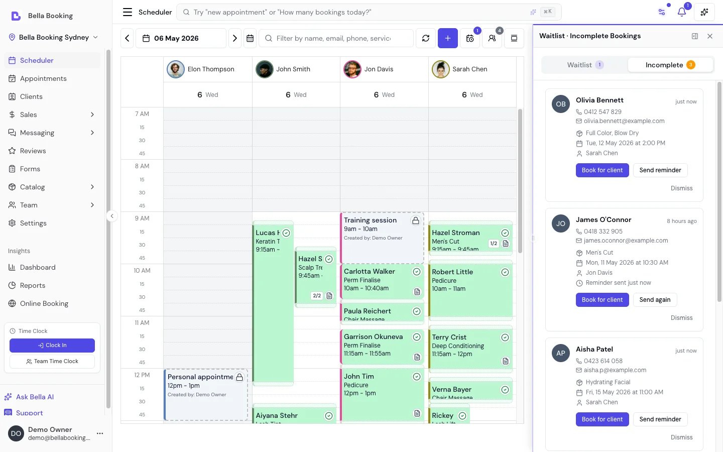 Bella Booking incomplete-booking recovery — drafts captured when clients abandon online booking, with one-tap resume links to follow up