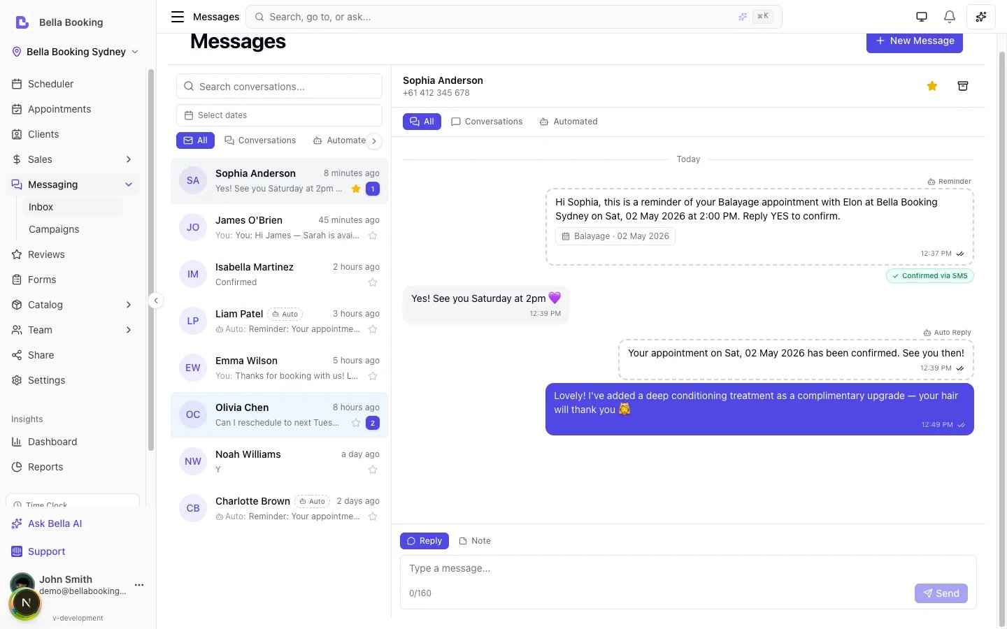 Bella Booking two-way SMS inbox — threaded conversations with clients alongside automated reminders and confirmations