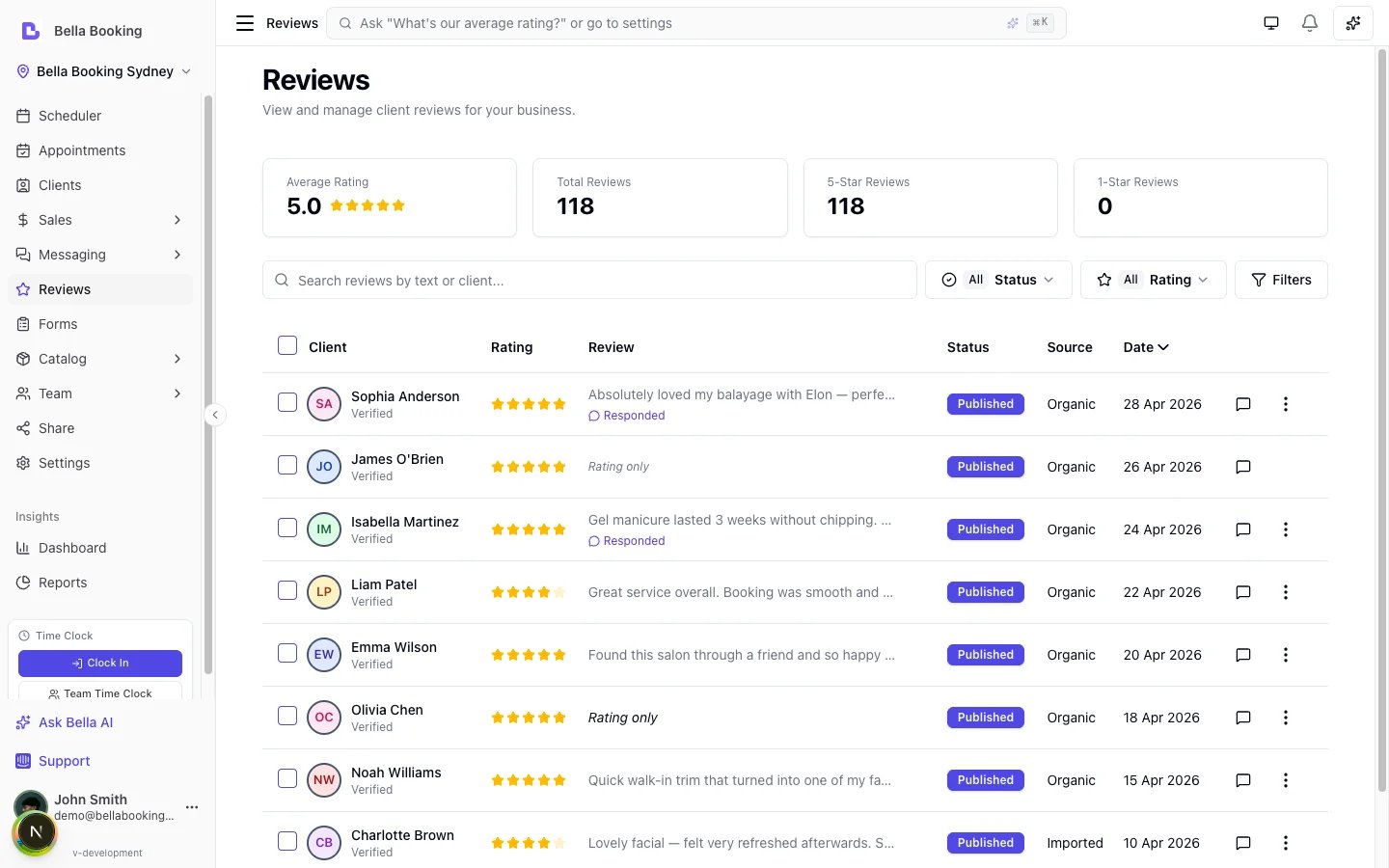 Bella Booking client reviews — verified feedback collected automatically after appointments, with AI moderation and public/private responses