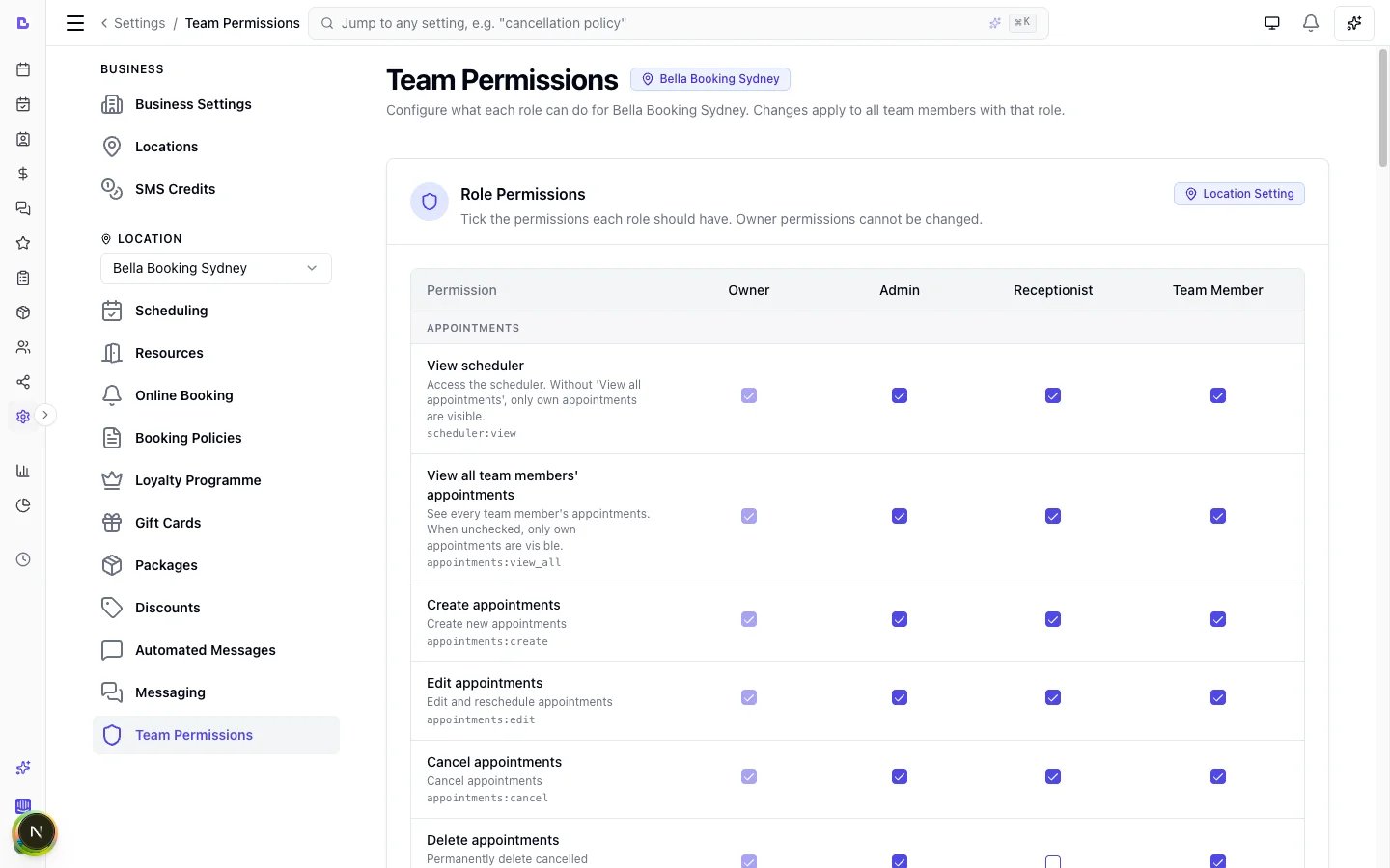 Bella Booking permission matrix — 50+ granular permissions across 4 roles, with the toggles laid out as a dense control grid